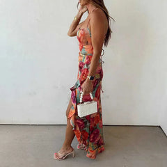 Cyflymder  Casual Sleeveless Backless Tie Up Dress Summer New Low Cut Pleated Evening Dress Fashion Hot Girl Irregular Floral Printed Dress