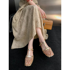 Cyflymder  French Retro Gold Hollow Mesh Beautiful Bag Head Sandals Women's Rear Empty Buckle Belt Low Heel Women's Single Shoes