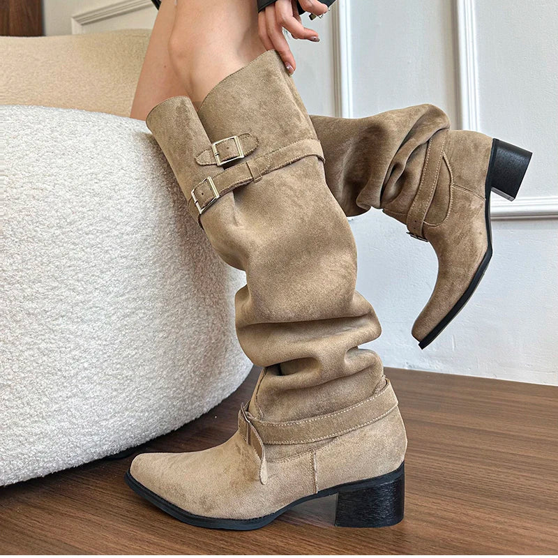 Cyflymder  Autumn Winter Pleated Women Knee High Boots Vintage Square Low Heels Shoes Female Belt Buckle Long Booties