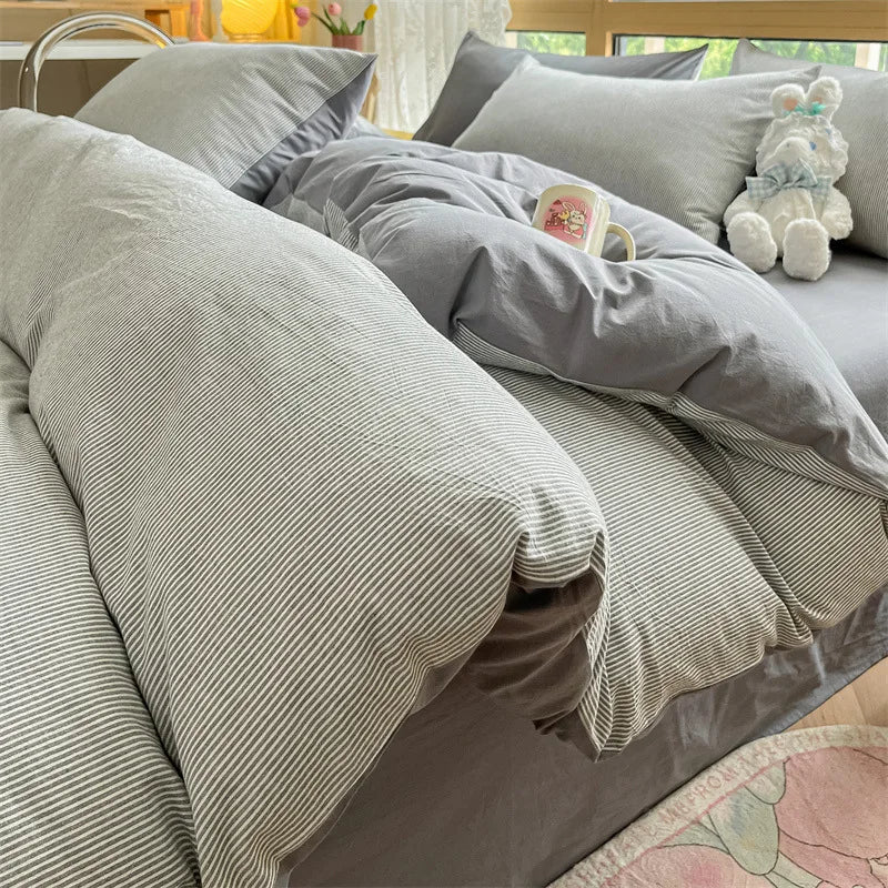 Cyflymder  Class A 100% Cotton Striped Bedding Sets Yarn Dyed Washed Cotton Breathable Duvet Cover Kit Single Bedclothes for All Seasons