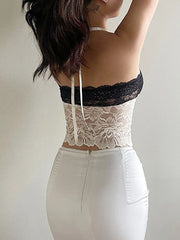 Cyflymder  Women Lace Patchwork Tank Tops Tie-Up Halter Neck Backless Casual Vests Summer Sleeveless Tops Streetwear