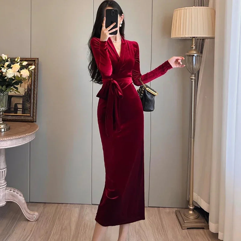 Cyflymder DRESS TO IMPRESS Autumn-winter Red Velvet Chic Bow Bandage Long Dress Luxurious Elegant Korean Vintage Evening Dresssheer Dresses for Women