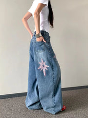 Cyflymder  American Star Patch Scimitar Jeans Women's Summer High Waist Washed Loose Wide Leg Trousers