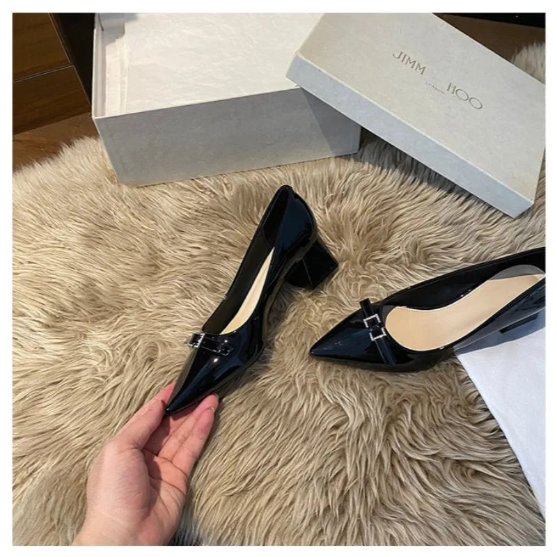 Cyflymder  PU Leather Mary Janes - French Vintage Pointed Toe Bowknot Pumps Women Chunky Heel Shallow Shoes Women 52145