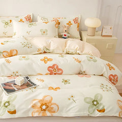 Cyflymder  Ins Style Plant Printed Skin Friendly Cotton Bed Sets 4Pcs Soft Cozy Duvet Cover Set for All Seasons King Queen Textile Supplies
