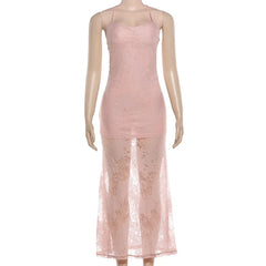 Cyflymder  Lace Layered Camisole Bodycon Maxi Party Dress Women Sexy Low Chest Spaghetti Straps Backless Slim Clubwear Vacation Long Robe