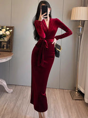 Cyflymder DRESS TO IMPRESS Autumn-winter Red Velvet Chic Bow Bandage Long Dress Luxurious Elegant Korean Vintage Evening Dresssheer Dresses for Women