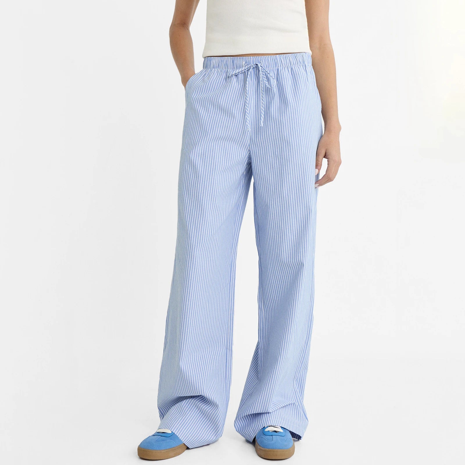 Cyflymder  Women Striped Pajama Pants Elastic Waist Straight Wide Leg Trousers Casual Loose Fit Going Out Bottoms with Pockets