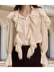 Cyflymder  Women s Long Sleeve Blouse with Delicate Lace Detailing and Ruffled Button Front - Stylish Solid Color Top for Work or Weekend