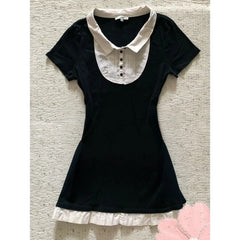 Cyflymder  Sexy Sweet Y2k Slim Goth Women Short Dresses Punk Fake 2 Pieces Vintage Short Sleeve Button Dress Harajuku 90s Aesthetic Summer