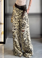 Cyflymder  Women Double Waistband Flared Jeans Leopard Print Patchwork Design Ripped Denim Pants Retro Fashion Summer Casual Trousers