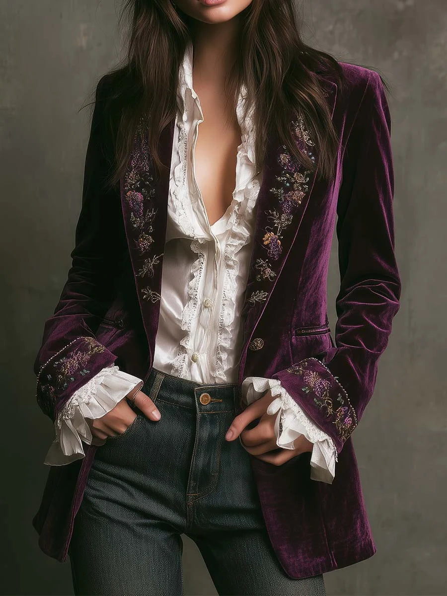 Cyflymder  Velvet Blazers for Women Jacket Single Button Suit Collar Blazer Coat Solid Long Sleeve Simple Flower Fashion Female Outerwear