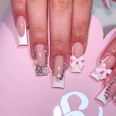 Cyflymder  24Pcs Long Square Press on Fake Nails French Leopard Print Detachable False Nails 3D Bow Flower Rhinestone Full Cover Nails Tips