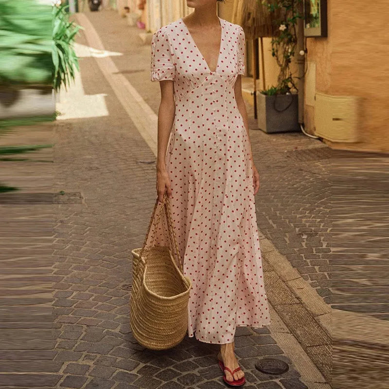 Cyflymder  Casual Short Sleeve High Waist Swing Dress French Style Seaside Vacation Maxi Dress Fashion Polka Dot Print V-neck Evening Dress