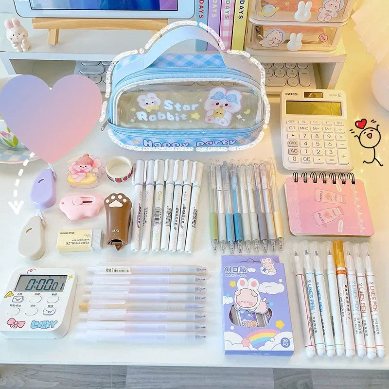 Cyflymder  Cute Transparent Pencil Case Kawaii Bunny Bear Pencil Pouch 2- Layer High Capacity Waterproof Protable Stationery Storage Bag