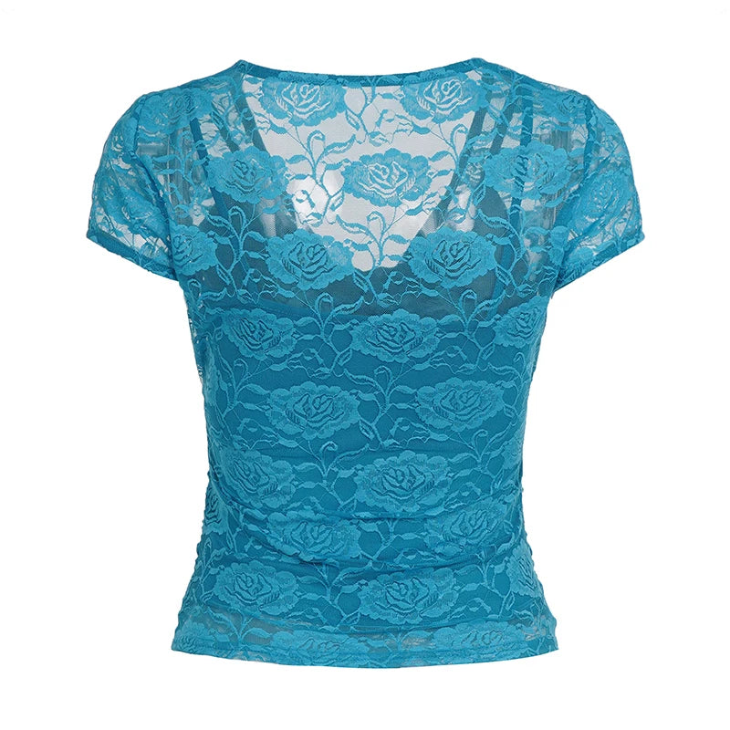 Cyflymder  Vintage V-neck Slimming Short Sleeve Lace T-Shirts Women's Sexy Sheer Double Layers Hook Floral Top Tees Fashion Clothes