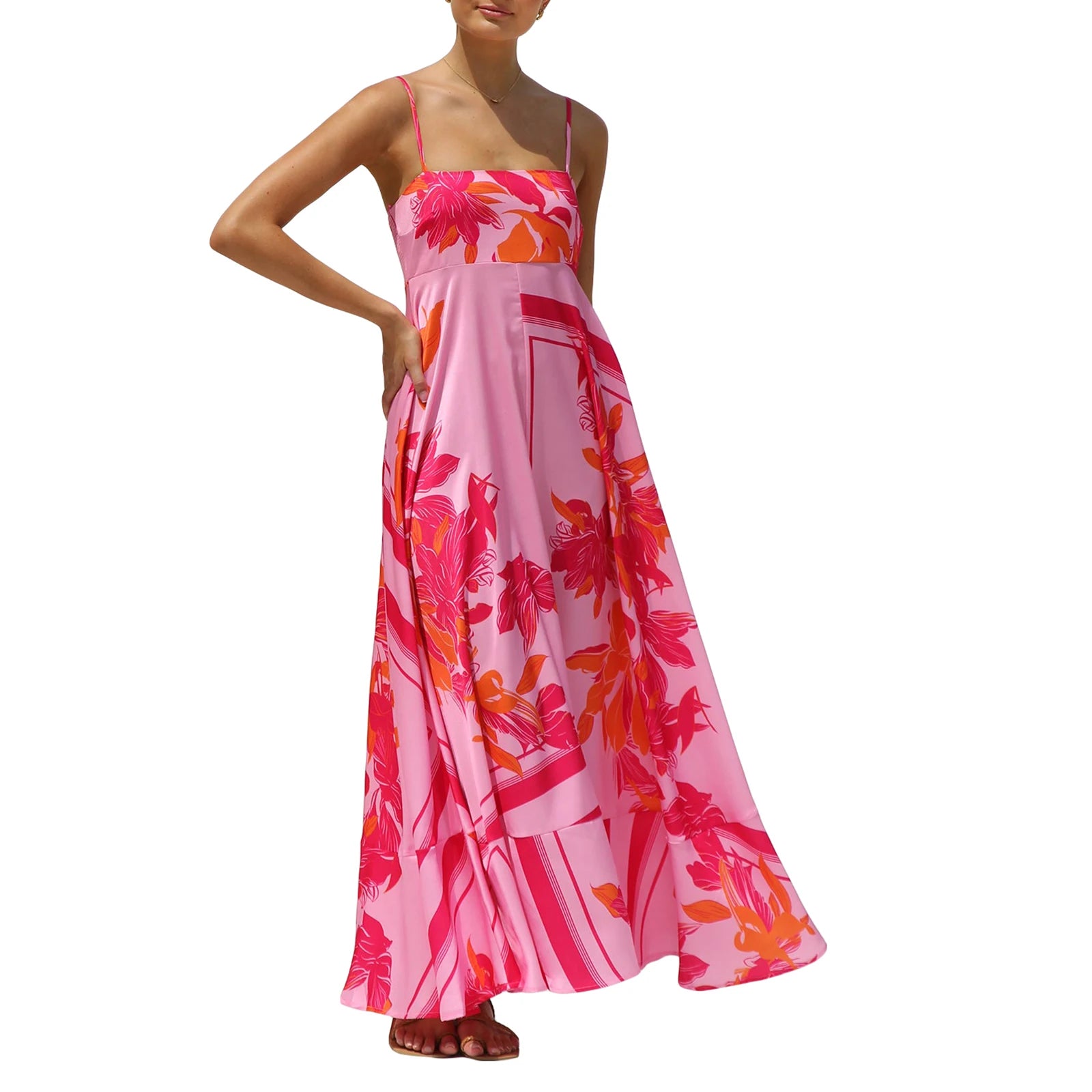 Cyflymder  Spaghetti Straps Flowy A-Line Long Dress Women's Summer Printed Backless Sleeveless Slip Swing Dress for Party Vacation Street