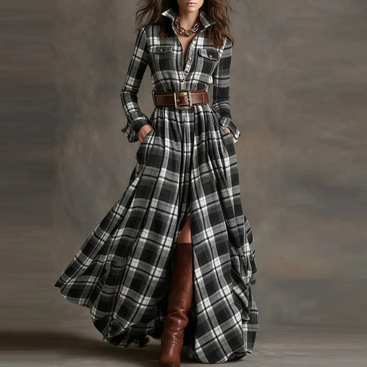 Cyflymder  Ladies' High-end Fashion French Vintage Check Waist-cinching Slimming Asymmetrical Long-sleeved Dress Chic Streetwear Clothes