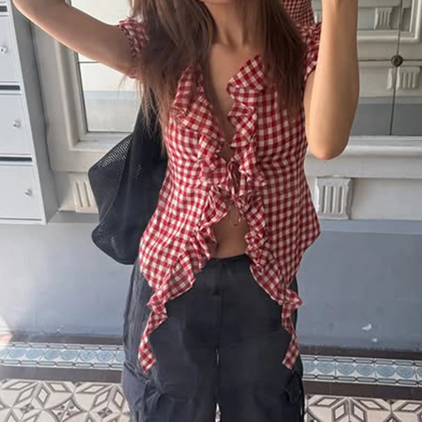 Cyflymder  American Sle Vintage Sexy Slim Fit Ruffle ort Sve Women's irt Floral Print Bubble Sve Casual Summer Top