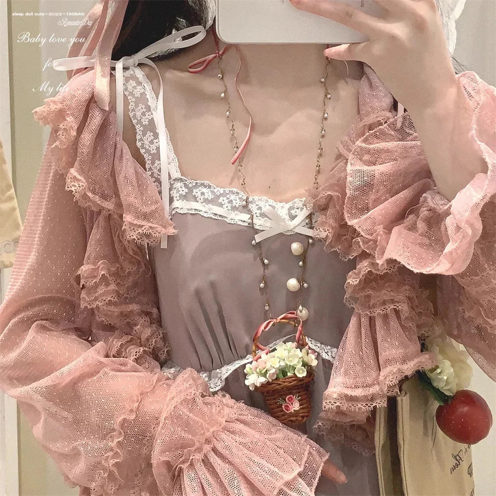 Cyflymder  See Through Long Sleeve Japanese Shrugs Autumn Mesh Ruffle Sweet Cropped Jacket Thin Air Conditioning Shirt Short Sun Protection