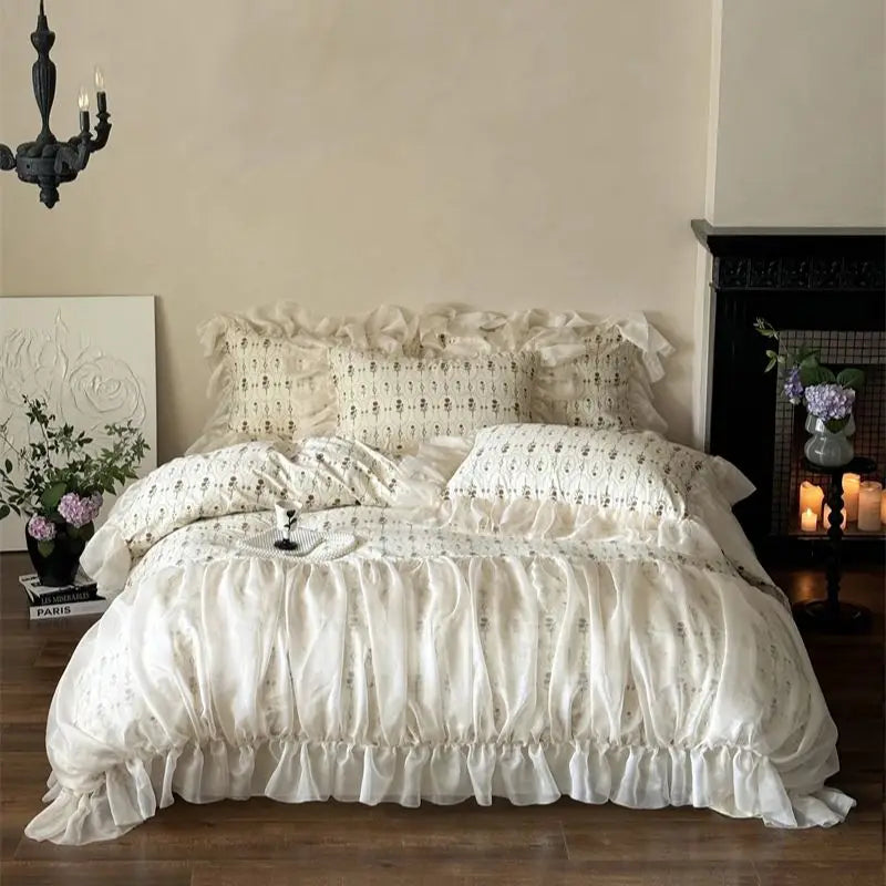 Cyflymder  4Pcs Vintage French Pure Cotton Rose Print Pleated Lace Ruffles Bedding Set Queen King Size Duvet Cover Set Bed Sheet Pillowcase