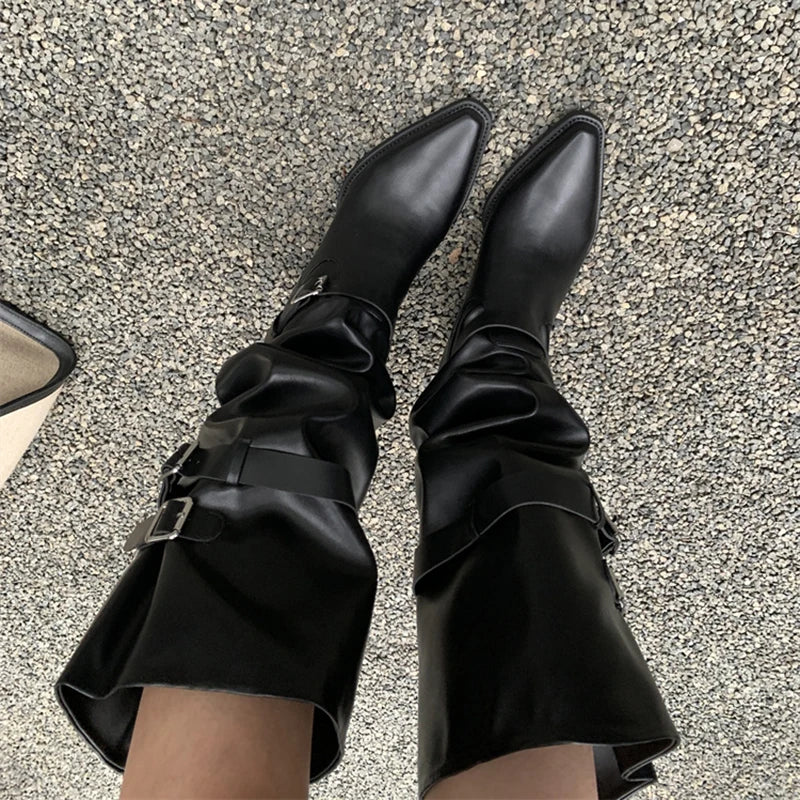 Cyflymder  Autumn Vintage Thick Heel Women Knight Boots Fashion Belt Buckle Shoes Ladies Elegant Pointed Toe Mordern Knee High Booties