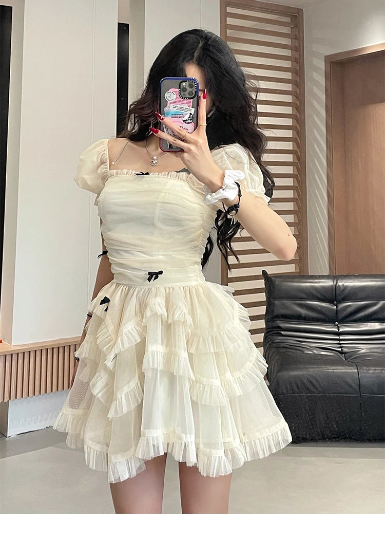 Cyflymder  Summer French Vintage Sweet Dresses Female Kawaii Y2K Fashion Fariy Mini Dress Korean Party Ruffles Puff Sleeve Cake Dress