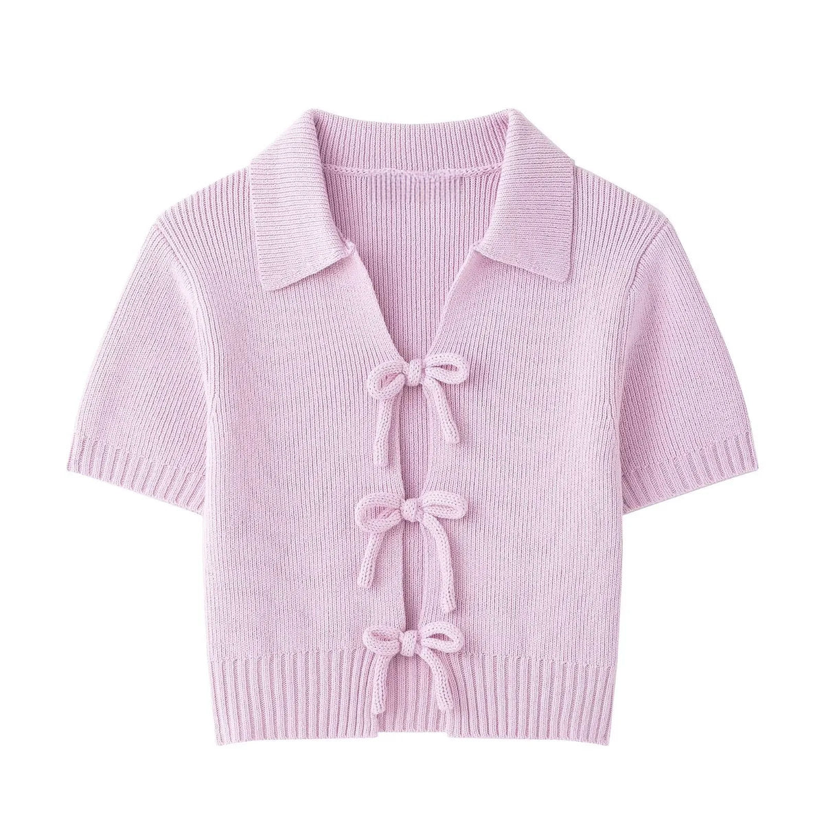 Cyflymder  Chic Bow Knitted Short Texture Top Women Fashion Turn Down Collar Hollow Cardigan Knitwear Summer 2025 New Short-sleeved Tops