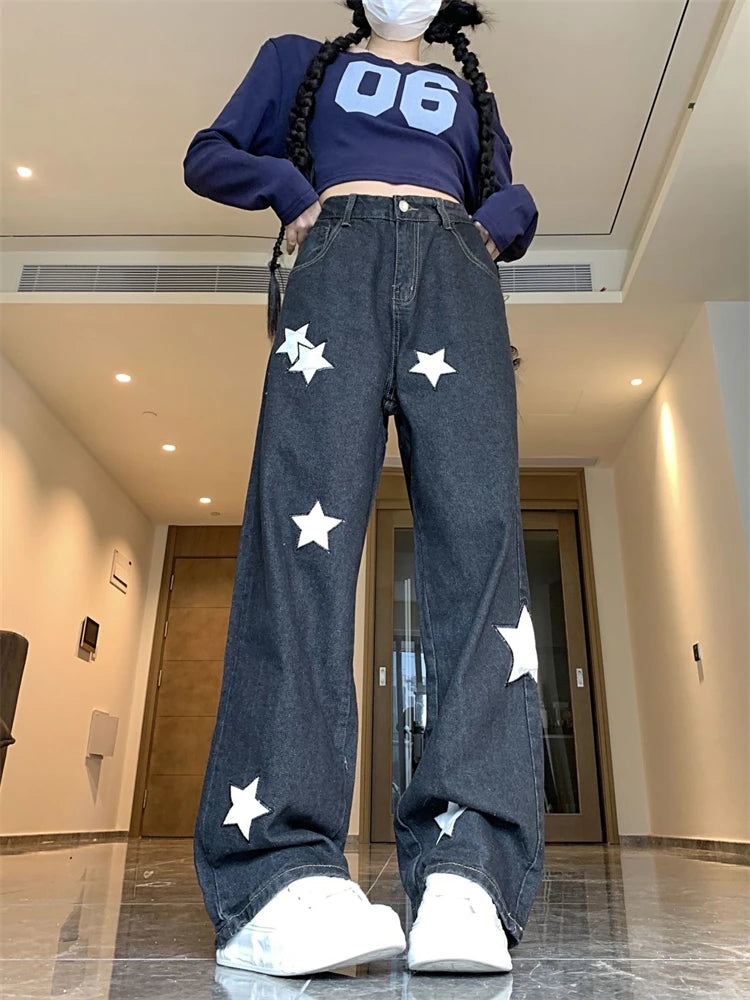 Cyflymder  Women's White Star Print Wide Leg Black Jeans Cool Girl Streetwear Fashion High Waist Pant Female Straight Design Trousers