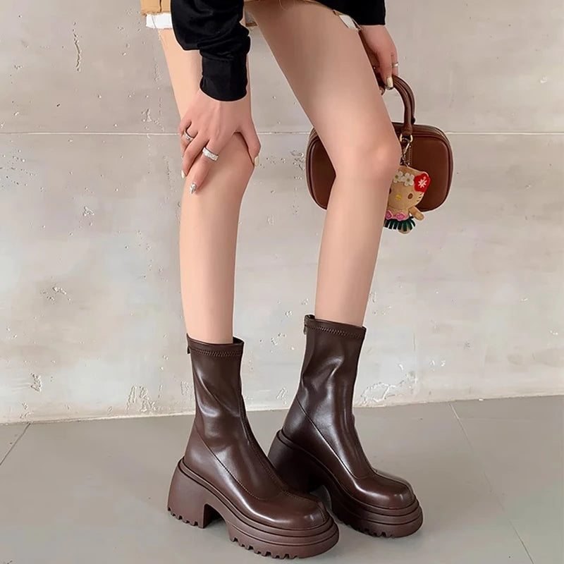 Cyflymder  Platform High Heel Women Ankle Boots Fashion Thick Bottom Elastic Slim Female Short Booties