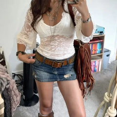 Cyflymder  New Euramerican Summer Spliced Lace Fake Two Piece Y2k V Neck Half Sleeve See-throught Women Shirts Harajuku Temperament Tops