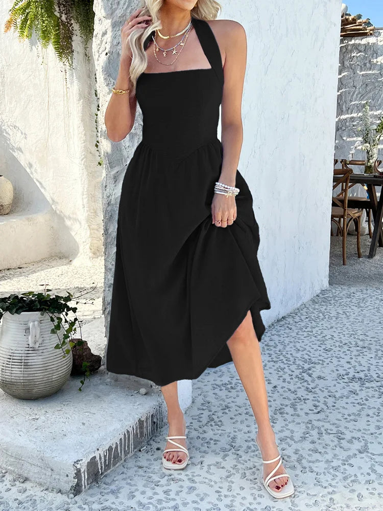 Cyflymder  Slimming Halter Backless Sleeveless Dress for Women Solid Color High Waist Casual Summer Vacation Beach Sundress