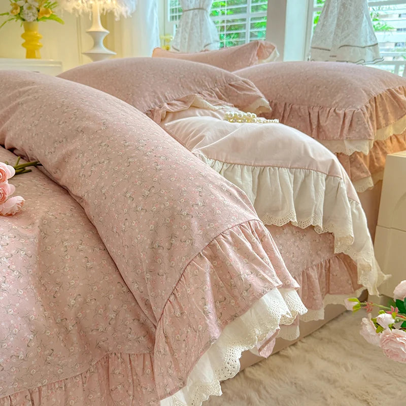 Cyflymder  Korean Princess Style Small Florals Lace Ruffles 600TC Cotton Brushed 4Pcs Bedding Set Duvet Cover Flat/Fitted Sheet Pillowcases