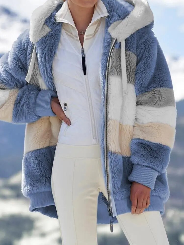 Cyflymder Women Fleece Hooded Coat Jacket Fashion Faux Fur Zip Up Outwear Elegant Warm Thick Plush Winter Jackets Female Clothes