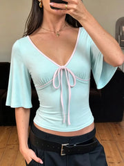 Cyflymder  Color Block Lace-up Women Crop Tops V Neck Half Bell Sleeve Slim Fashion Pullover T-shirts Streetwear Summer Casual Tees