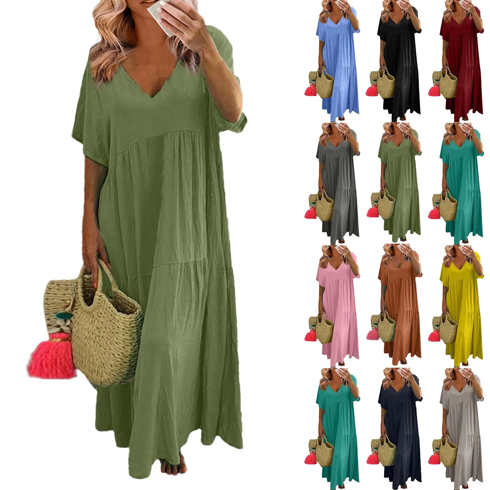 Cyflymder  Casual Summer V-Neck Short Sleeve Pleated Solid Color Casual Midi Dress Hem Loose Dress Loose Large Swing Short-sleeved Dress