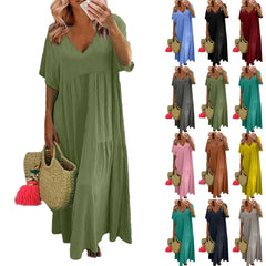 Cyflymder  Casual Summer V-Neck Short Sleeve Pleated Solid Color Casual Midi Dress Hem Loose Dress Loose Large Swing Short-sleeved Dress