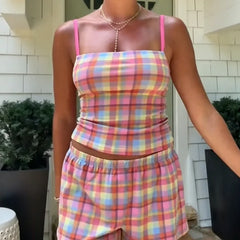 Cyflymder  Plaid Two Piece Co-Ord Set For Women Thin Strap Square Neck Backless Top Elastic Waist Shorts Suit Daily Vacation Female Outfit
