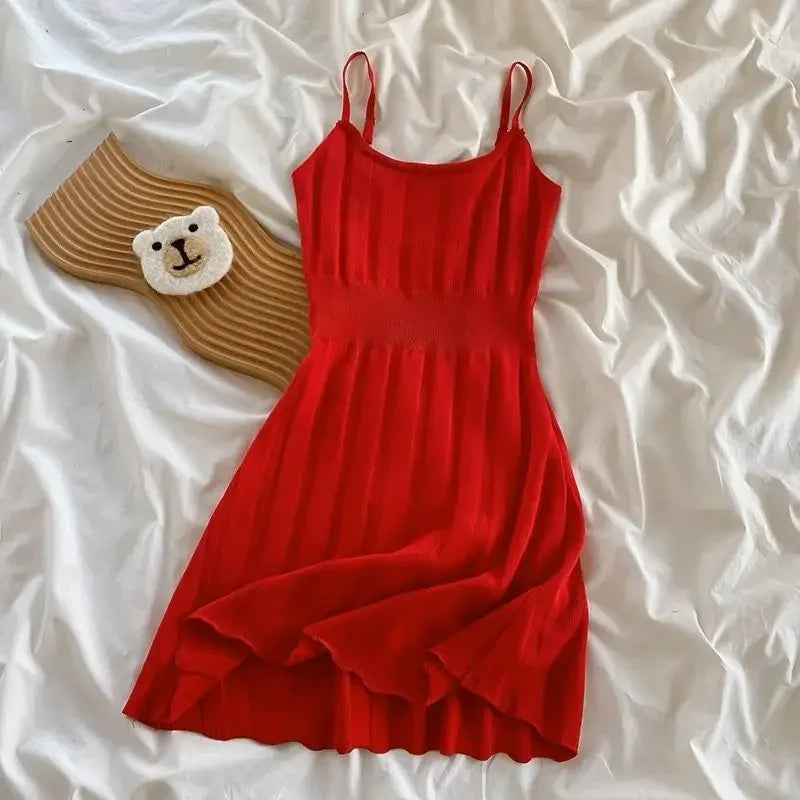 Cyflymder Hollow Out Elegant Striped Mini Dress Women Solid Red Elastic Dresses Korean Spaghetti Strap Slim A Line Vestidos Summer New