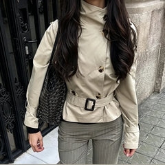 Cyflymder  Retro Women's Short Windbreaker Jacket Beige Stand Up Collar Y2K Asymmetrical Button Detachable Waist Belt Cinched High Street