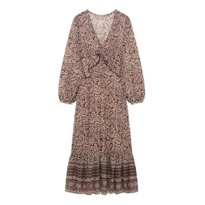 Cyflymder  Floral Print Long Dress Women 2025 New Summer Elegant Loose V-neck Lace Up Midi Dresses Vintage Chic Boho Casual Party Dresses