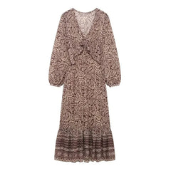 Cyflymder  Floral Print Long Dress Women 2025 New Summer Elegant Loose V-neck Lace Up Midi Dresses Vintage Chic Boho Casual Party Dresses