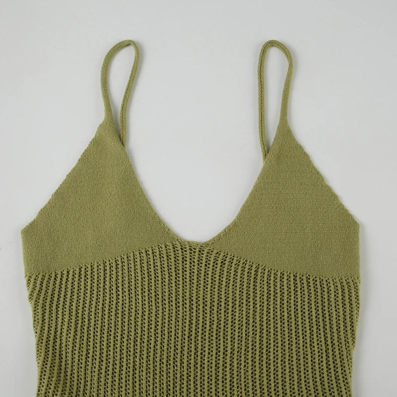 Cyflymder  Green Pleated Hem Knit Mini Dress Sexy See Through Strap Bodycon Dresses Concert Outfits For Women Summer Vocation Robe