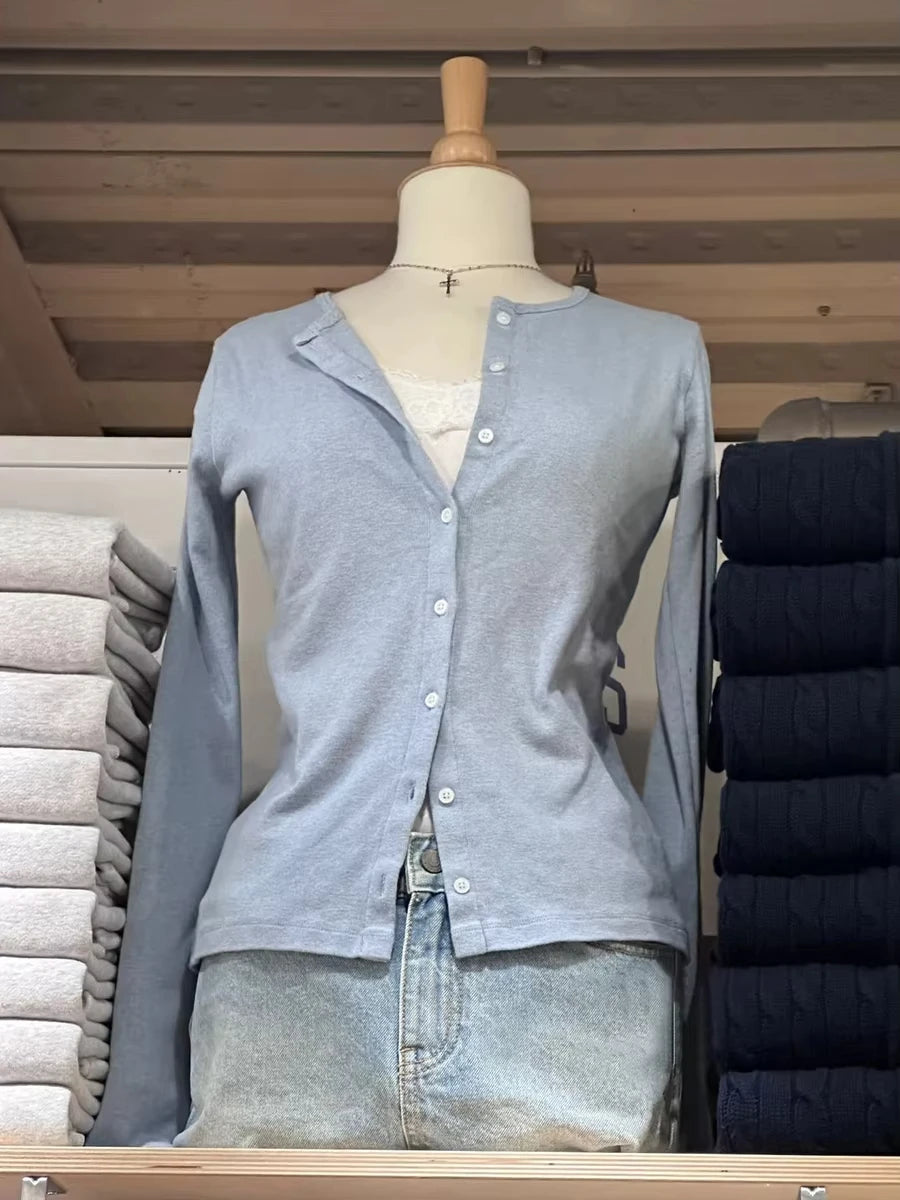 Cyflymder  Blue Sweet Eyelet Knitted Long Sleeve Tees Women New Cotton Casual Slim Single Breasted Smock Tops Sweet Cute Basic T-shirts