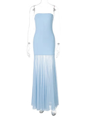 Cyflymder  Women Sexy See Through Mesh Patchwork Mermaid Holiday Maxi Dress Strapless Backless Birthday Party Long Robe Vacation Outfits