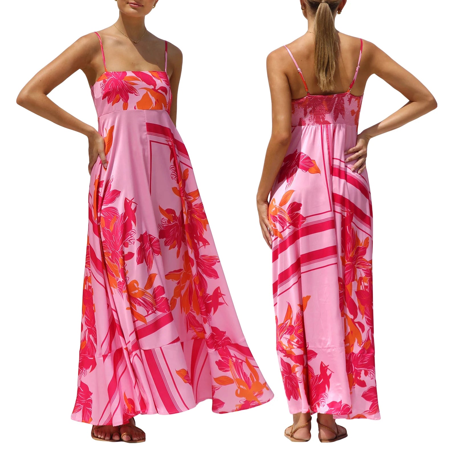 Cyflymder  Spaghetti Straps Flowy A-Line Long Dress Women's Summer Printed Backless Sleeveless Slip Swing Dress for Party Vacation Street