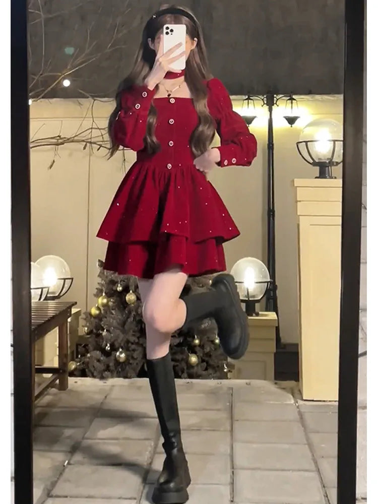 Cyflymder Christmas Red Dress Female Hepburn Style Temperament Long Sleeved Slim Velvet French Dress Autumn Winter Sweet Holiday Outfit