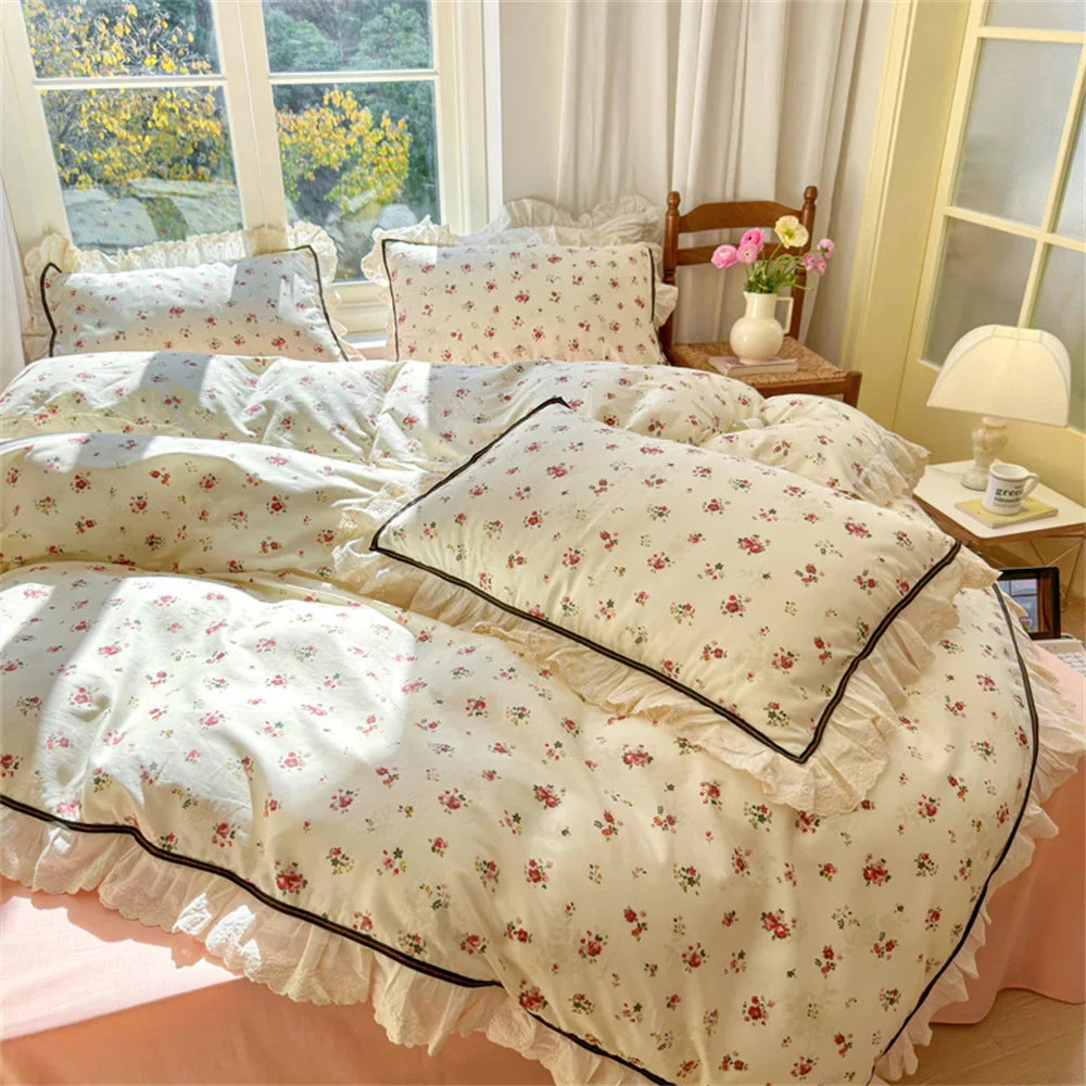 Cyflymder Bedding Set Cotton Printing Korean Style Lace Models Four-piece Bed Sheet Set Duvet Cover Pillowcase Home Textiles