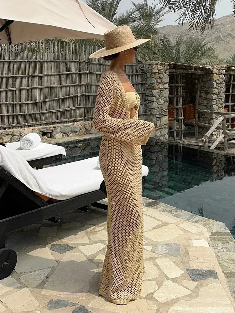 Cyflymder  Sexy U-neck Bell Sleeve Knit Maxi Dress Summer 2024 Women Swimwear Feminine Bikinis Cover-ups Holiday Crochet Beach Outfit K21