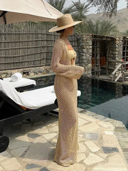 Cyflymder  Sexy U-neck Bell Sleeve Knit Maxi Dress Summer 2024 Women Swimwear Feminine Bikinis Cover-ups Holiday Crochet Beach Outfit K21